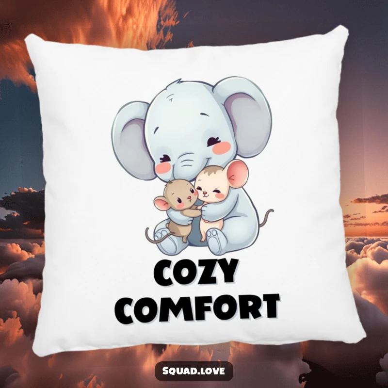 Funny Elephant and Mouse Pillow: A gentle elephant hugs a tiny mouse, offering comfort and a heartwarming symbol of love.
