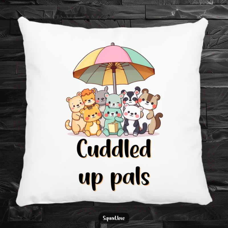 Funny animal friends pillow, a soft cushion showing diverse animals sharing a colorful umbrella, perfect for comfort.