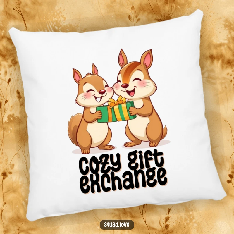 Funny Squirrel Chipmunk Gift Pillow: A soft pillow featuring a happy squirrel and chipmunk swapping gifts, offering comfort and heartwarming appeal.