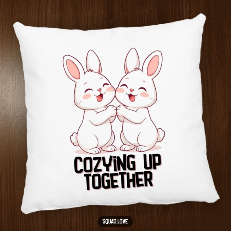 Funny decorative pillow featuring two giggling bunnies holding paws, offering comfort and a cute, friendship-themed humor accent.