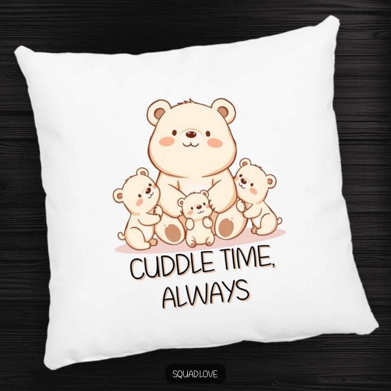 A cuddly kawaii mama bear proudly watching her playful cubs, depicted on a soft and decorative pillow.