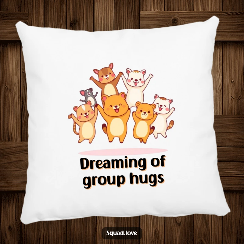 Funny diverse animal friends pillow, holding hands and jumping joyfully, offering soft comfort and a message of unity.