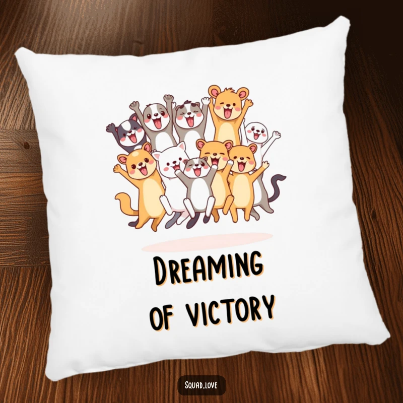 Funny decorative pillow with a diverse group of happy animals leaping and cheering, adding a touch of celebratory comfort.