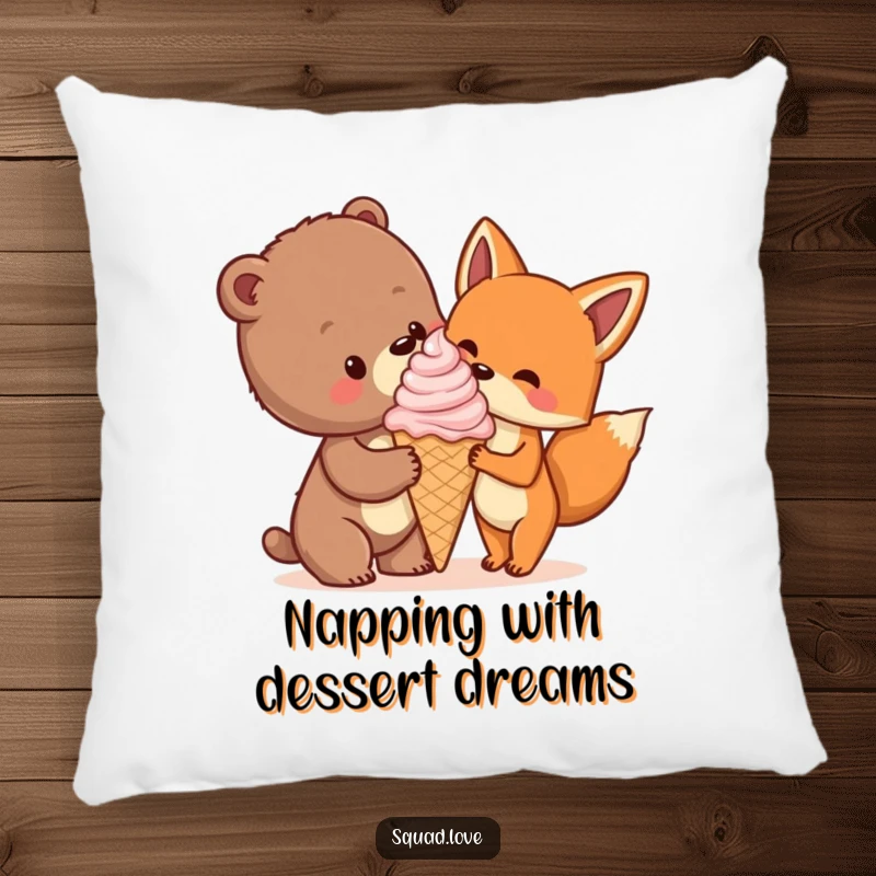Funny pillow with a bear cub and fox enjoying a huge ice cream cone together, symbolizing sweet friendship and comfort.