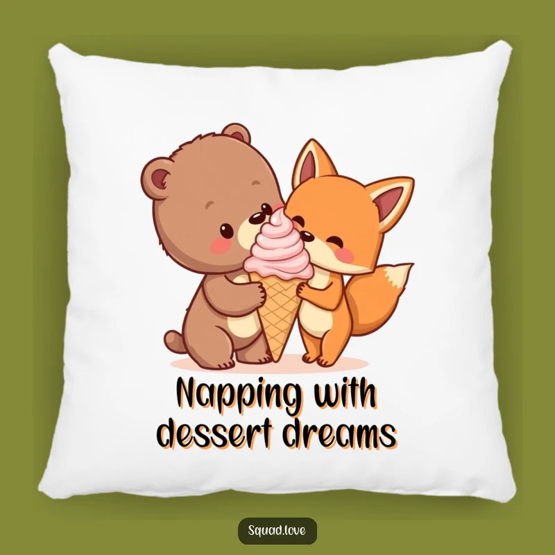 Funny Bear Cub & Fox Ice Cream Pillow, Cozy Cute Animal Cushion Gift