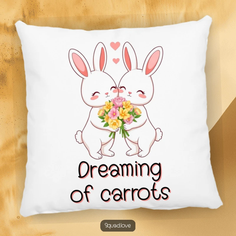 Funny pillow featuring a loving bunny couple sharing a bouquet of flowers, offering comfort and romantic charm.