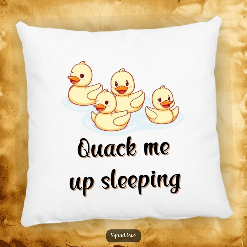 Funny pillow depicting a smiling duck family swimming in perfect formation, offering soft comfort and synchronized aquatic cheer.