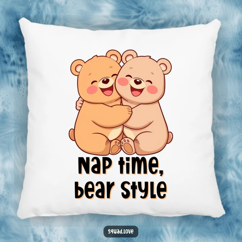 Funny decorative pillow with two plump, happy bears with pink cheeks, hugging each other tightly, exuding warmth and cuddly charm.