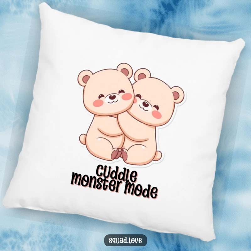 Funny pillow featuring two kawaii bears in a tight, beaming hug, perfect for cozying up and adding cheer.