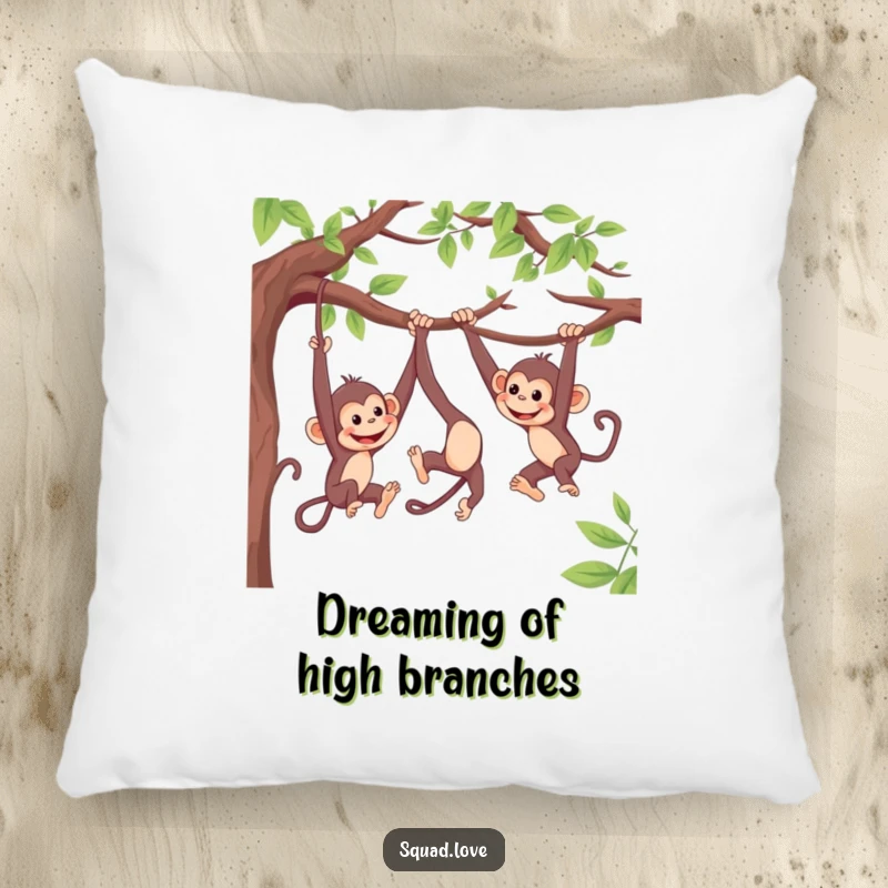 Funny pillow with energetic monkeys swinging on branches, playfully reaching for each other, offering a soft, humorous touch.
