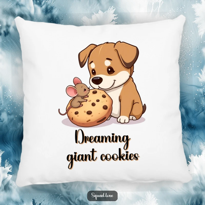 Funny decorative pillow with a tiny mouse sharing a giant cookie with a big dog, depicting sweet friendship and comfort.