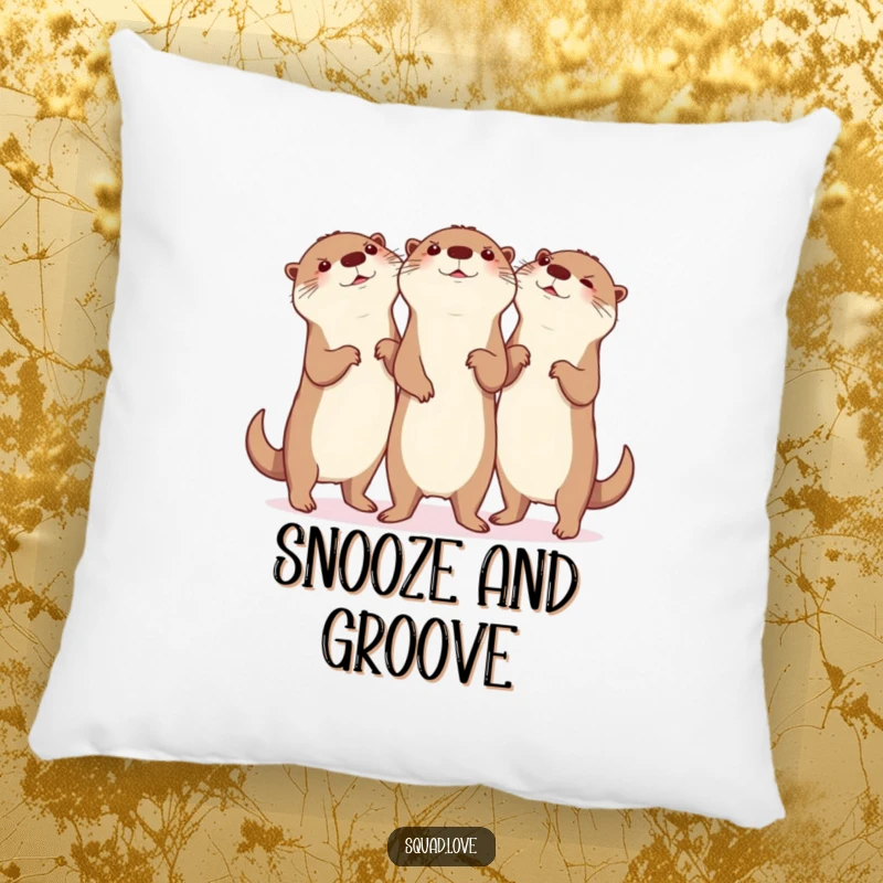 Funny otter dance pillow, showing three otters in a synchronized silly dance, full of glee, a comfortable and cheerful decor accent.