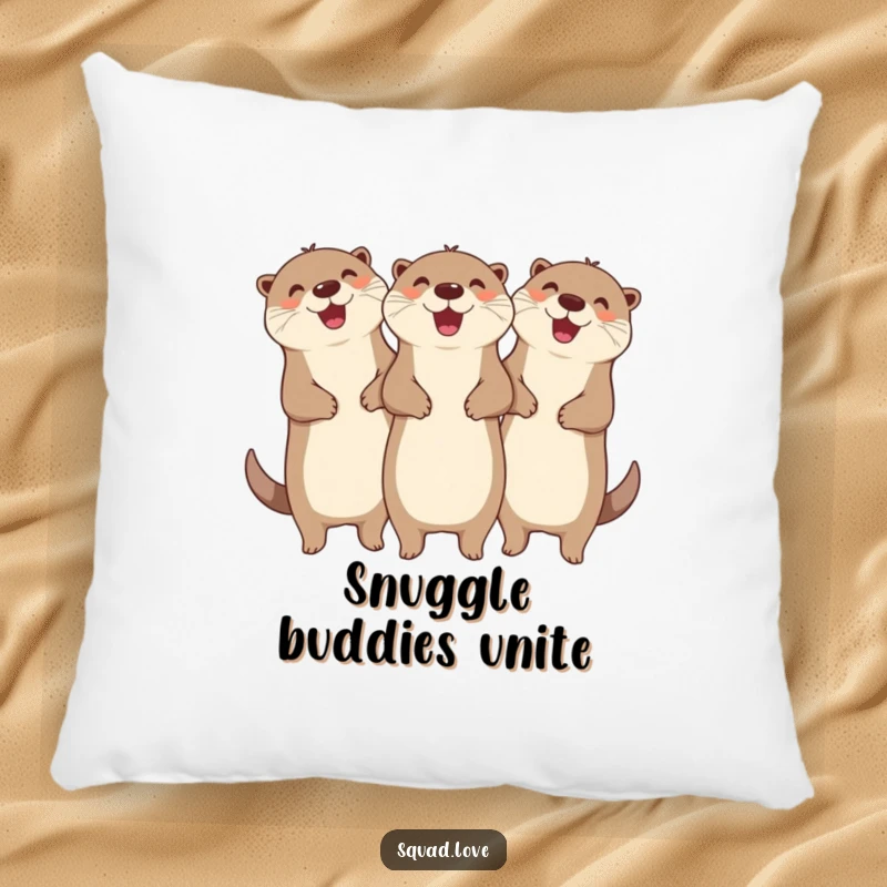 Funny pillow with three cheerful otters in a happy embrace, linking arms and cheering, bringing humorous comfort and joy.