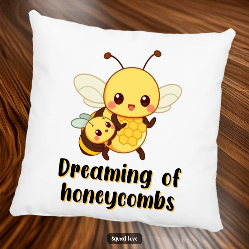 Funny pillow showing a proud parent bee pointing at a honeycomb for a smaller bee, offering comfort and a humorous family scene.