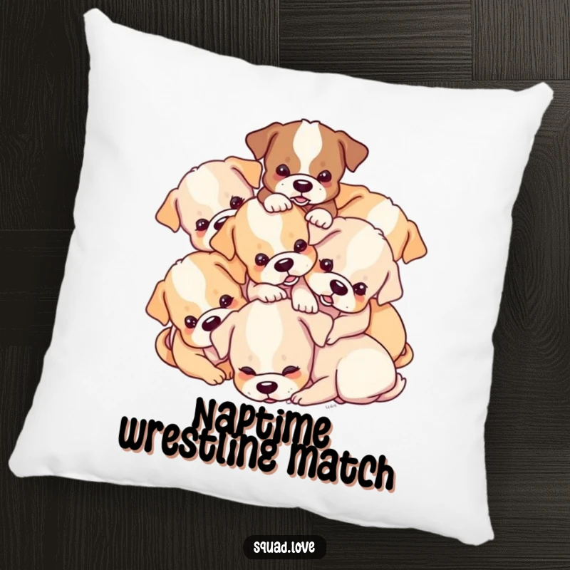 Funny Puppy Pile Pillow: A soft pillow featuring a lovable pile of puppies tumbling over each other, offering comfort and heartwarming appeal.