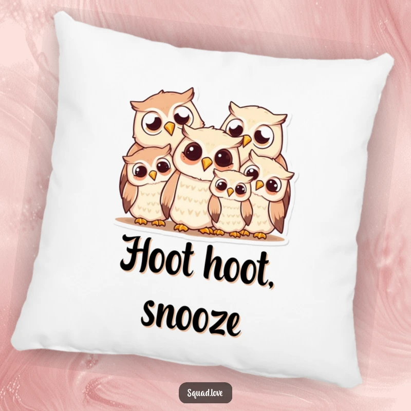 Funny owl family pillow, a soft and cozy cushion showcasing a huddle of smiling owls, perfect for comfort and decor.