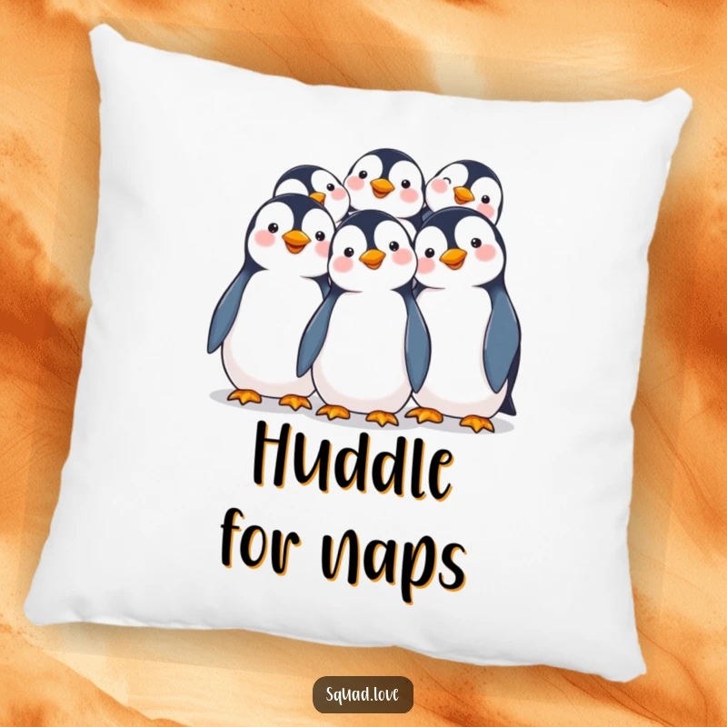 Funny pillow decorated with smiling penguins joyfully huddling together, offering comfort and a touch of snowy charm.