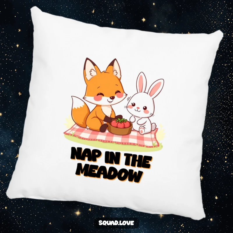 Funny pillow decorated with a smiling fox and a friendly rabbit sharing a picnic, offering comfort and woodland charm.