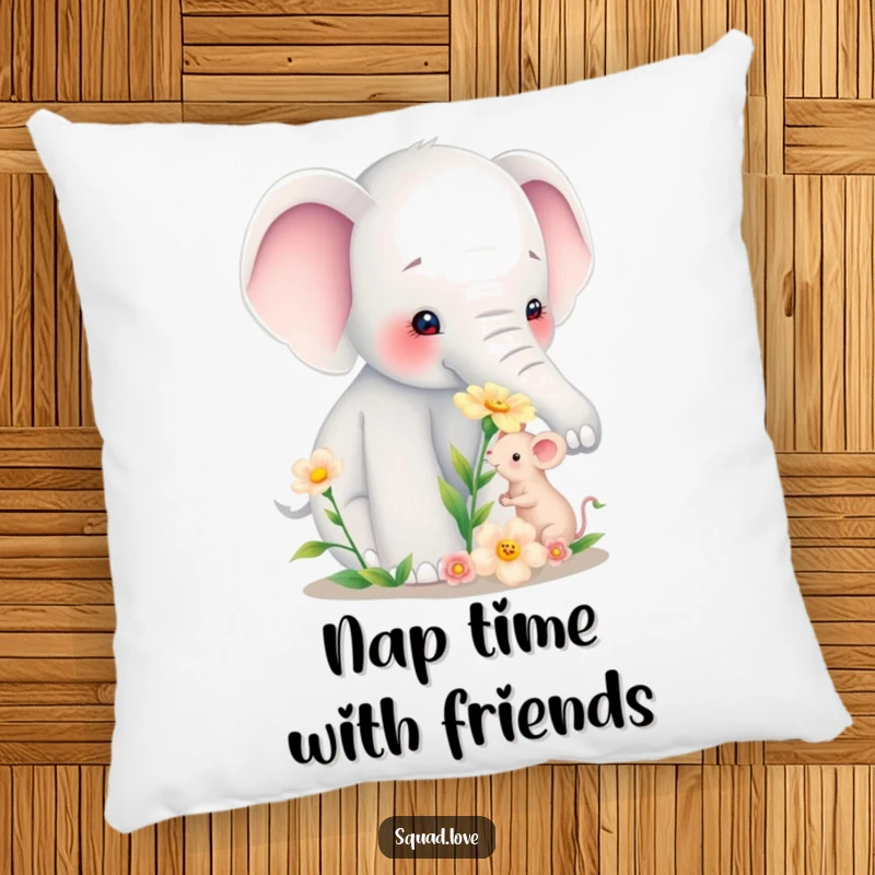 Funny pillow showcasing a gentle giant elephant giving a blossom to a minuscule mouse, a symbol of unique and tender companionship.
