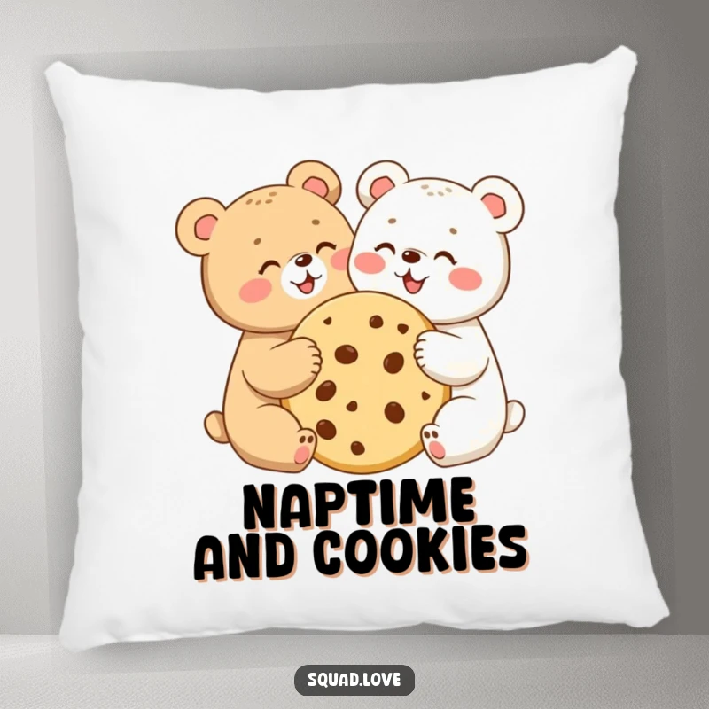 Two joyful bear cubs sharing a giant cookie, featured on a comfy pillow, symbolizing warmth and shared happiness.