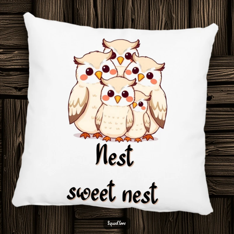 Funny and soft pillow depicting a smiling owl family hugging closely, beak to beak, perfect for lounging.