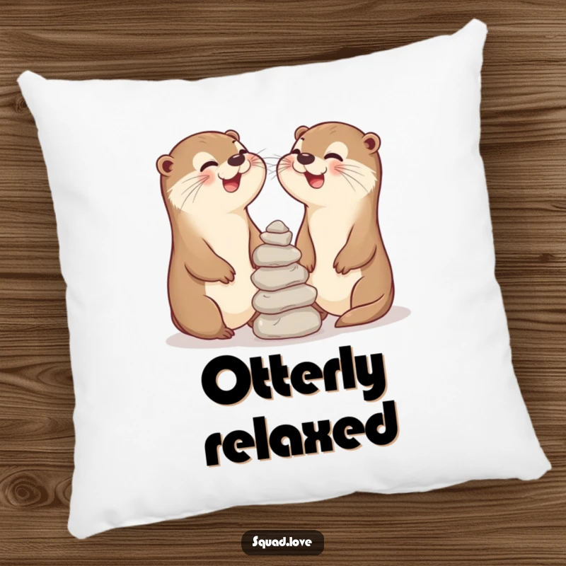 Funny pillow depicting two laughing otter friends balancing stones, offering soft comfort and humorous camaraderie.