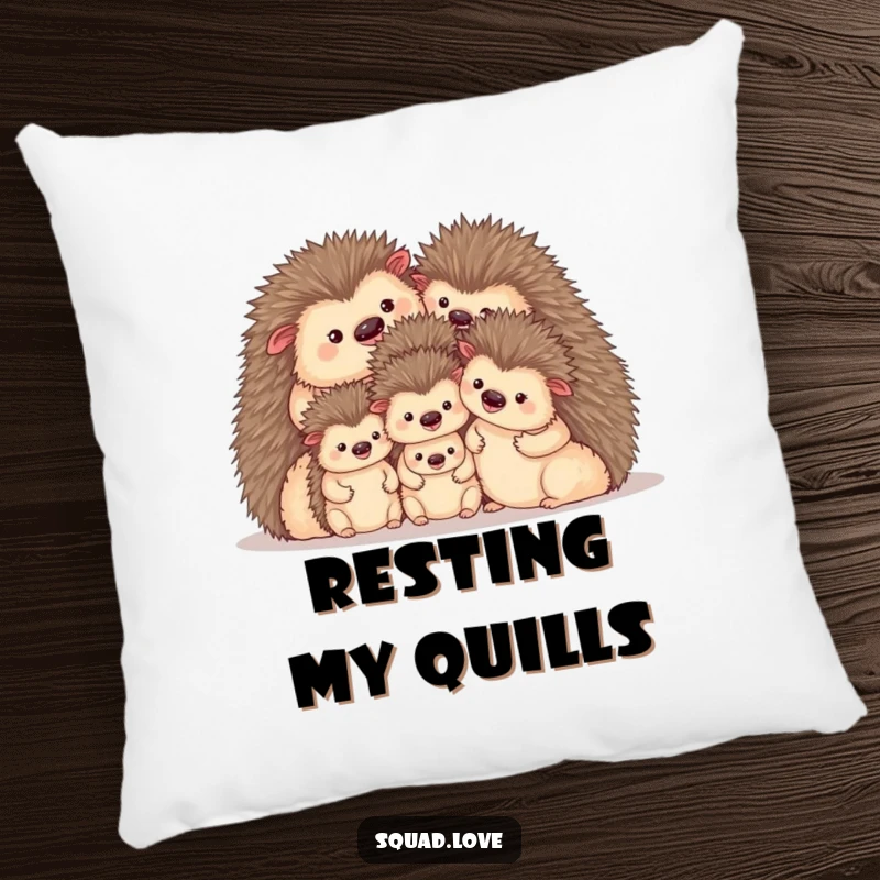 Funny pillow featuring a sweet family of hedgehogs huddled together, looking incredibly cozy and content. Adds comfort.