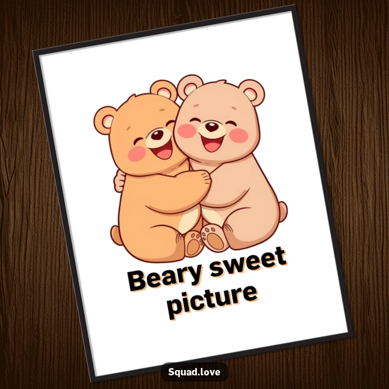 Funny digital art print of two smiling bears with pink cheeks hugging tightly, conveying warmth, friendship, and cheerful companionship.