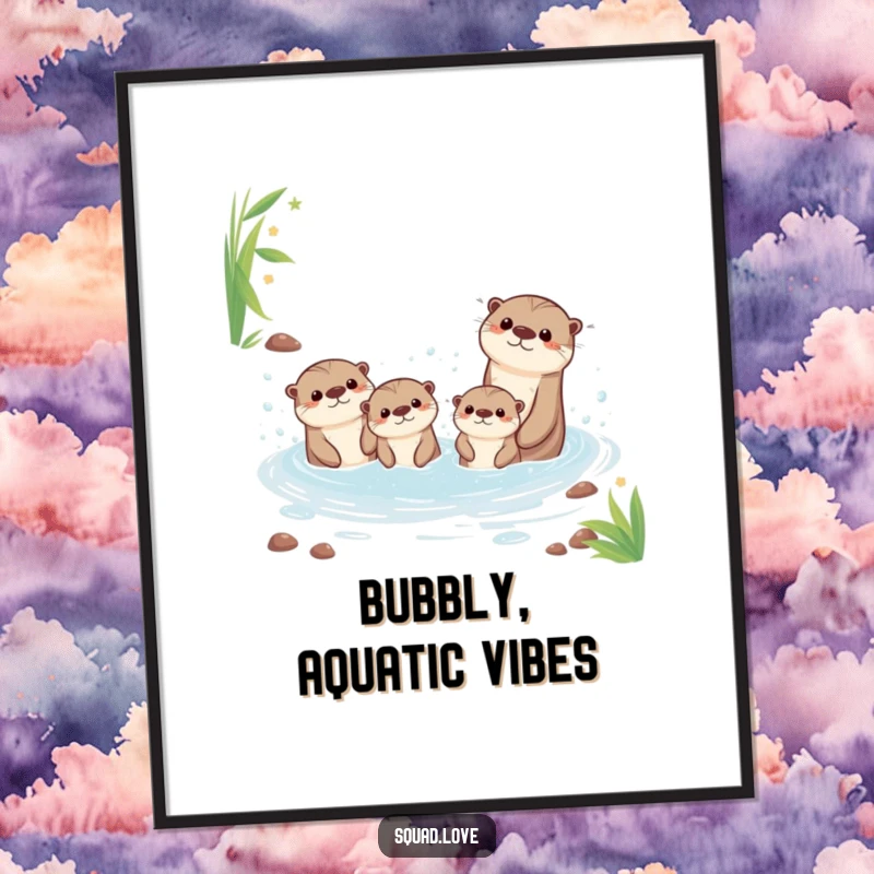Funny digital art print featuring a kawaii otter family splashing joyfully in a bubbly stream, ready for instant download.