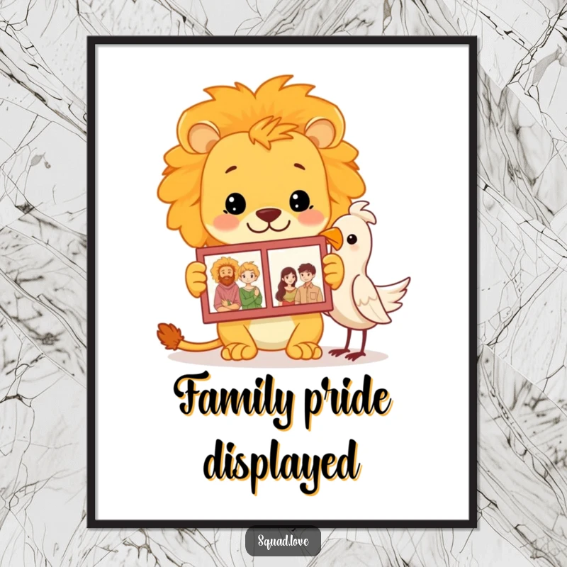 Funny lion family album digital art print showing a proud lion showing a photo album to a bird, celebrating family.
