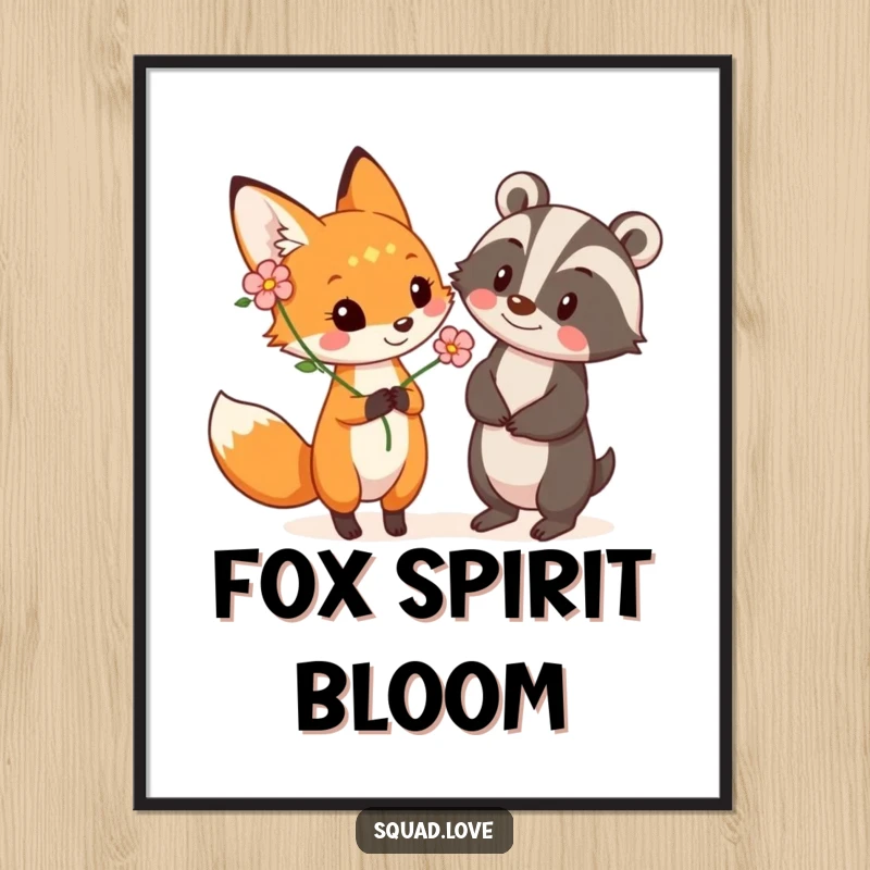 Funny digital art print of a playful fox offering a flower to a smiling badger, capturing a sweet moment of woodland friendship.