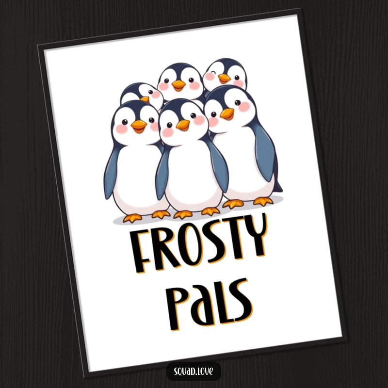 Funny digital art print of smiling penguins joyfully huddling together, radiating pure, heartwarming cuteness and happiness.