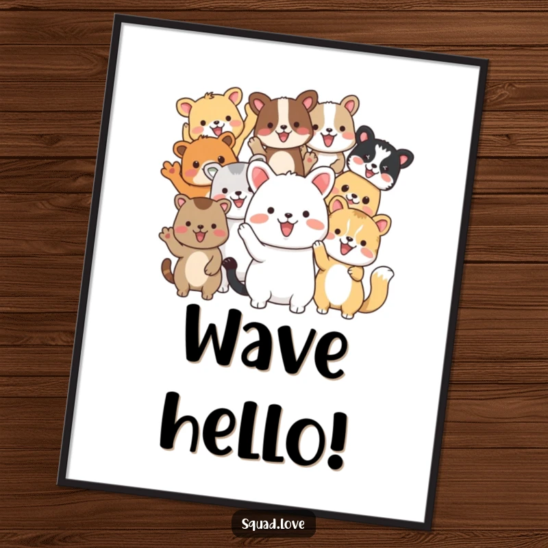 Funny digital art print of diverse animal friends waving enthusiastically, a cheerful and humorous depiction of unity and friendship.