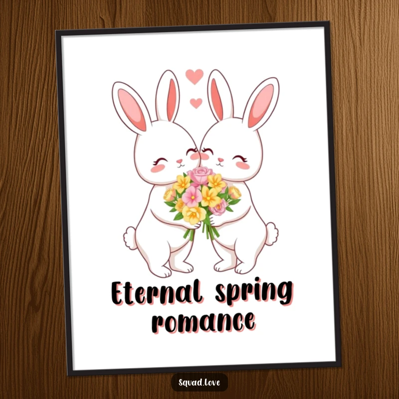 Funny digital art print of a loving bunny couple sharing flowers, symbolizing sweet romance and affection. Instant decor.