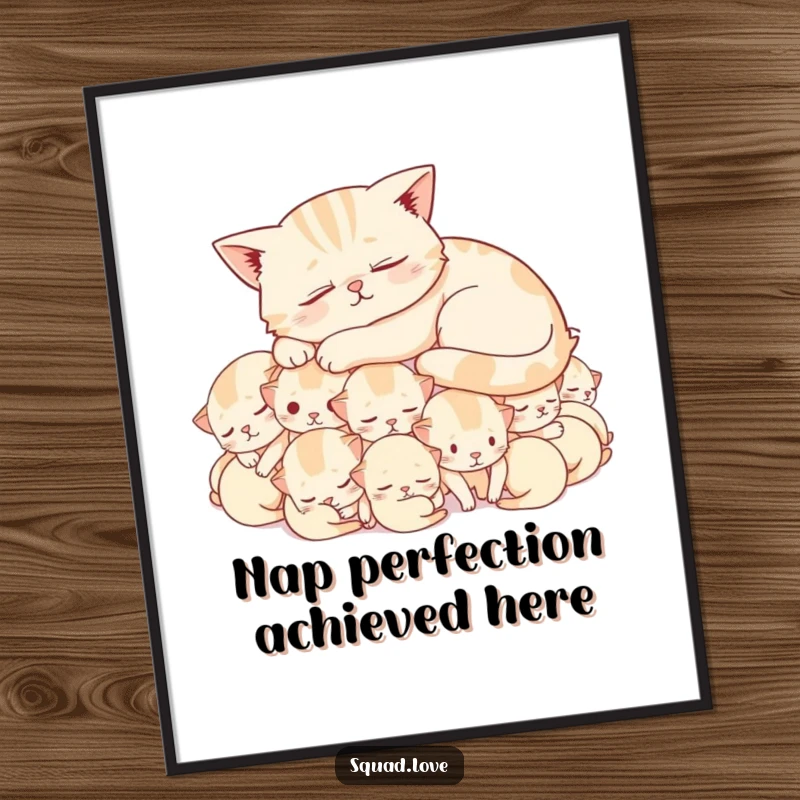 Funny digital art print of a serene cat napping on a bed of adorable, content kittens, perfect for humorous wall decor.