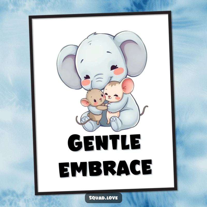 Funny Elephant and Mouse Digital Art Print: A gentle elephant hugs a tiny mouse, a downloadable artwork symbolizing tender friendship.