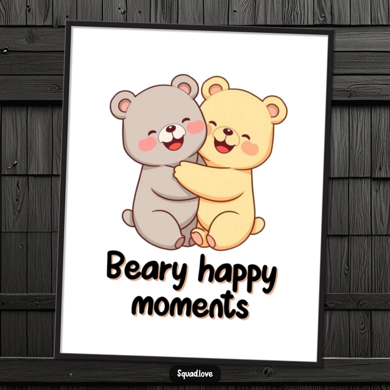 Funny kawaii bears digital art print, two cute bears hugging tightly with beaming smiles, ready for printing.