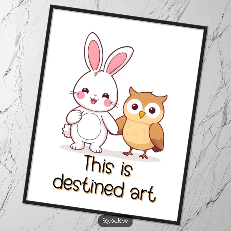 Funny digital art print of a beaming kawaii bunny holding hands with a smiling owl, symbolizing friendship.