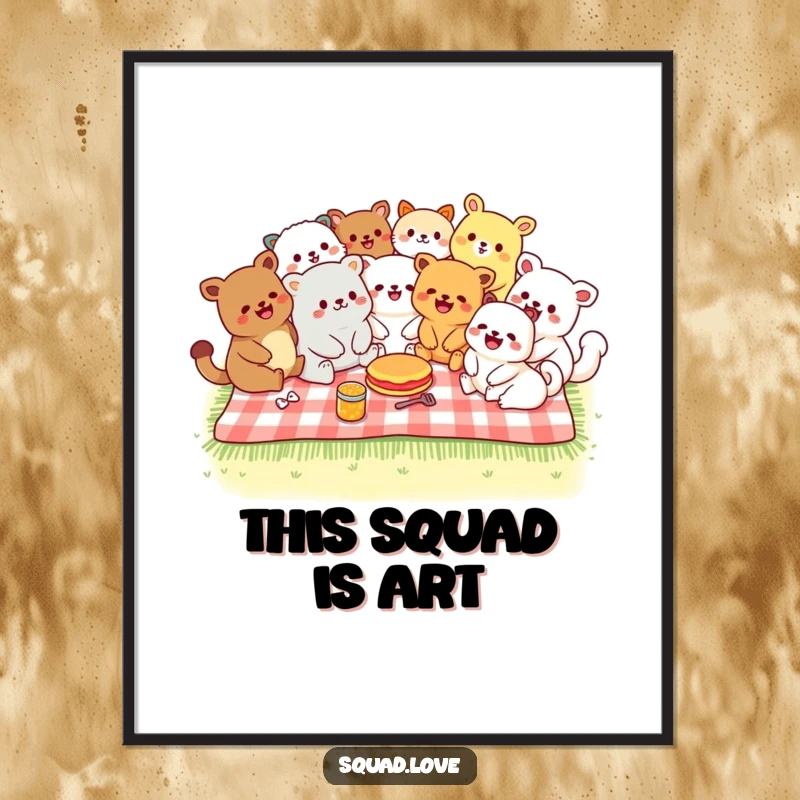 Funny digital art print of diverse kawaii animals laughing on a picnic blanket, radiating joy and friendship.