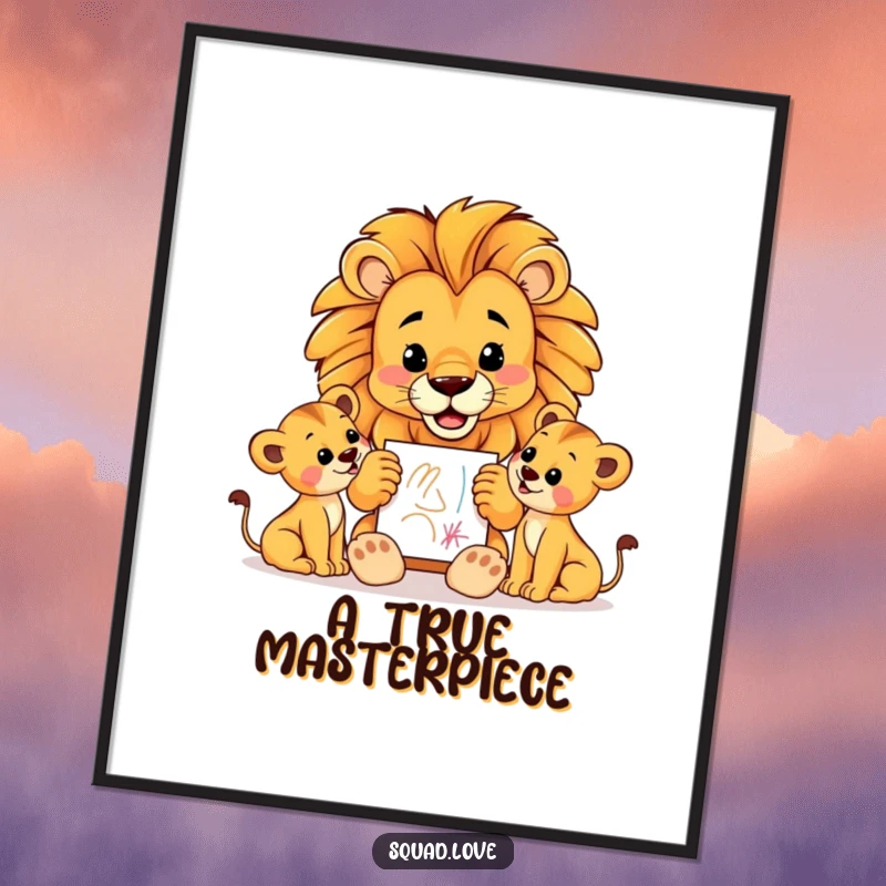 Funny digital art print of a proud lion dad showing a crayon drawing to his cubs, offering instant downloadable paternal love and artistic joy.