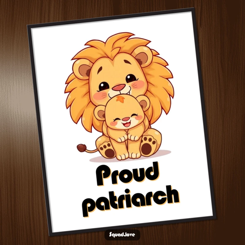 Funny lion family digital art print, depicting a proud lion cub hugged by a larger lion, both beaming; instant download for decor.