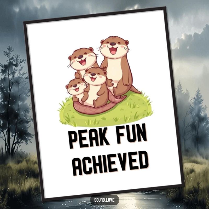 Funny otter family digital art print shows otters gleefully sliding down a grassy hill, capturing a moment of hilarious joy.