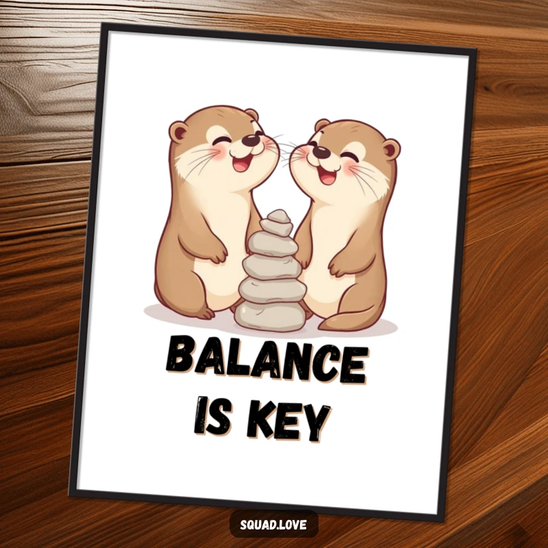 Funny digital art print of two laughing otter friends balancing stones, offering instant downloadable playful friendship and humorous fun.