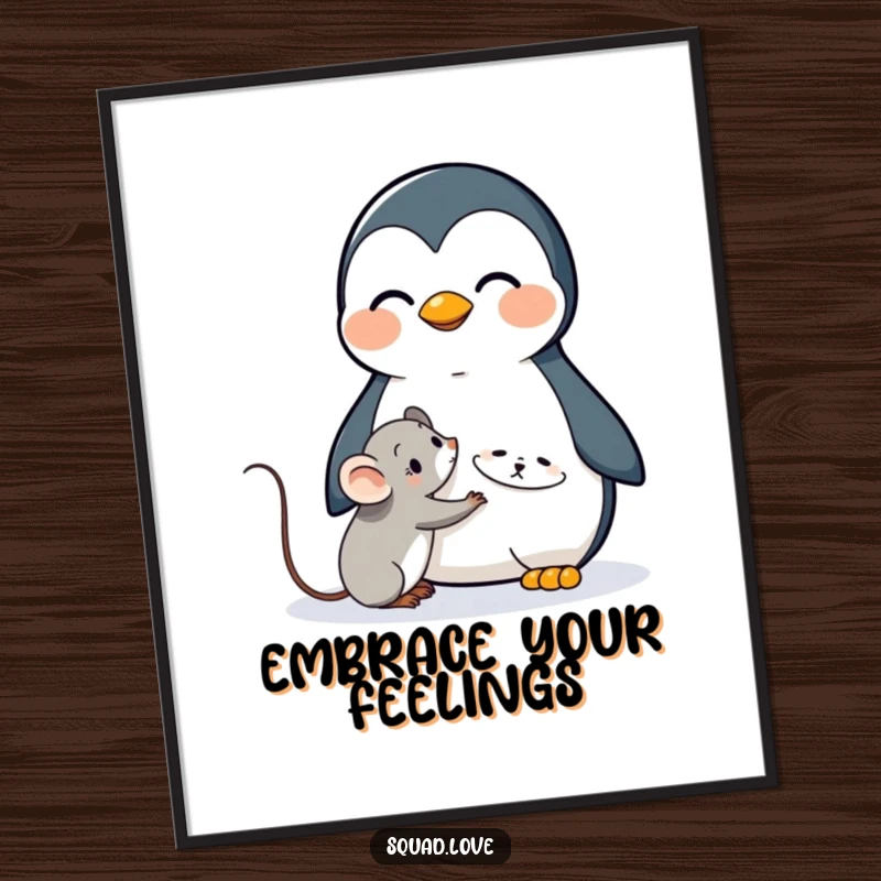Funny digital art print showcasing a kawaii penguin offering a comforting hug to a shy mouse, ready for instant download.