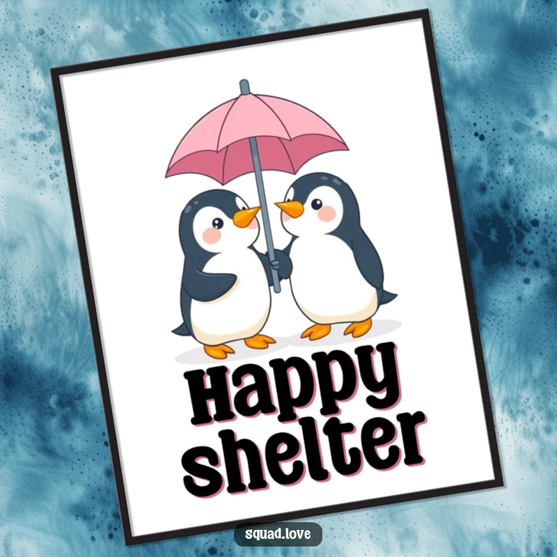 Funny penguin umbrella digital art print, showing two playful penguins giggling and sharing an umbrella, instant download for cheerful decor.