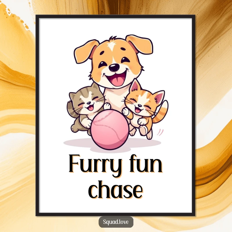 Funny digital art print of a happy dog and cat playfully chasing a ball, radiating pure, infectious pet enthusiasm.