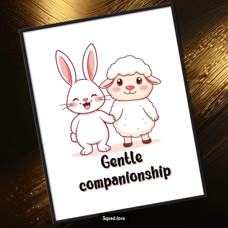 Funny digital art print of a cheerful rabbit holding hands with a fluffy sheep, symbolizing friendship, kindness, and gentle moments.
