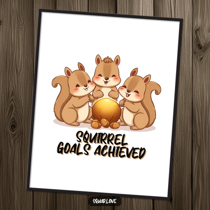 Funny digital art print of happy squirrels sharing nuts, with a warm glow between them, symbolizing camaraderie.