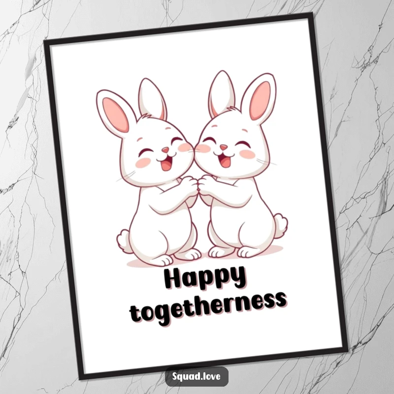 Funny digital art print of two cute bunnies holding paws and giggling, delivering instant cheerful friendship humor to any digital display.