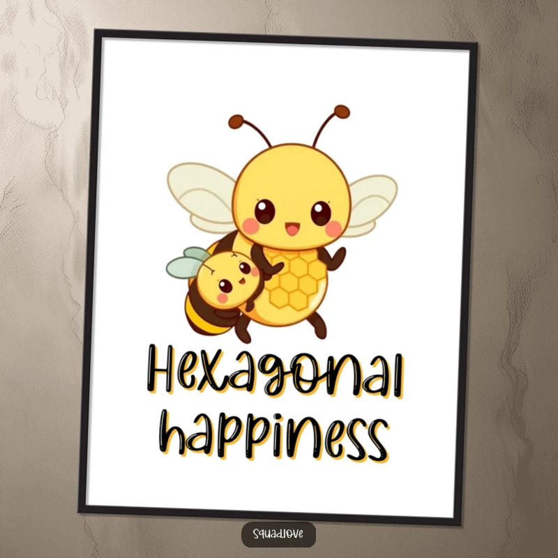 Funny digital art print of a proud parent bee showing a small bee a honeycomb, a touching and humorous depiction of family life.